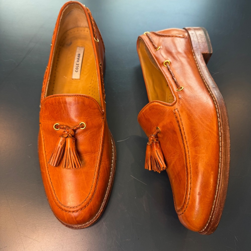 Cole Haan Men 7 M Tan Leather Tassel Loafers C14127 Braided Trim Slip On Preppy